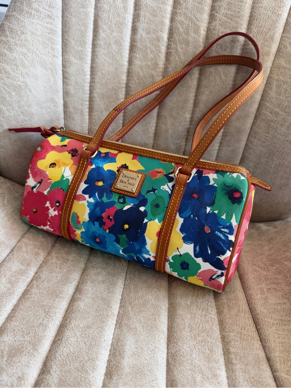 Dooney & Bourke Floral Canvas Barrel Bag in Blue, Yellow, Green & Pink